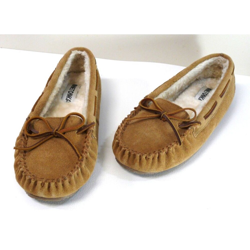 Minnetonka berber Fur Lined Moccasins Leather Slippers hard sole 4032 - size 9
